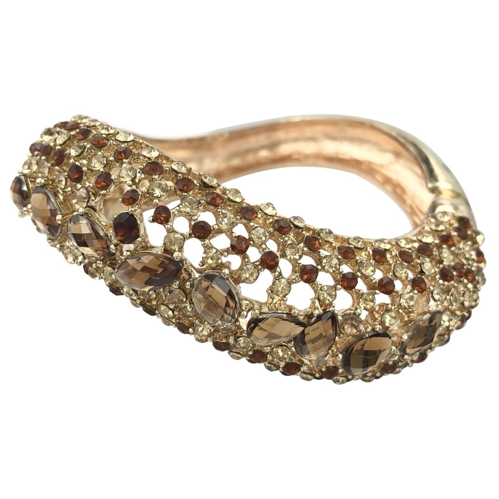 Brown Topaz Rhinestone Bling Fancy Funky Curved Gold Hinged Bangle Bracelet